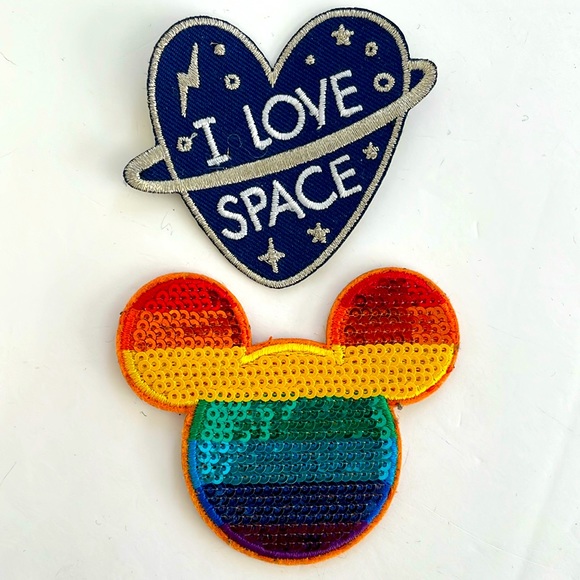 Disney Rainbow Sequin Mickey & I Love Space Sew On Patches - Picture 1 of 10